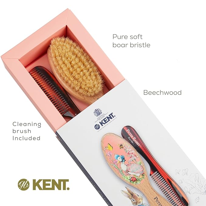 Kent Peter Rabbit Jemima Puddle Duck Baby Hair Brush and Comb Set, Soft Bristle Newborn Hair Brush, Wooden Beechwood Baby Brush Set for Fine Hair