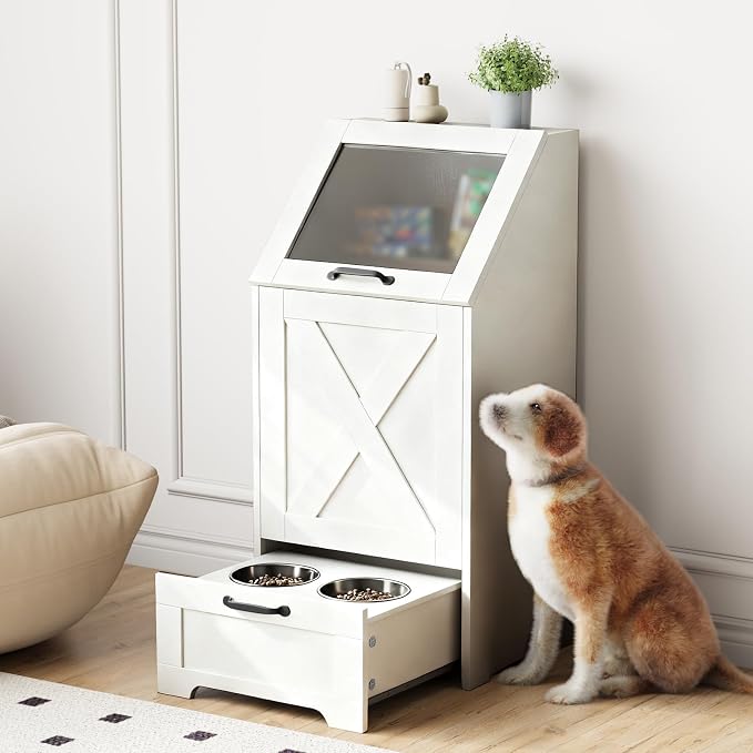 Dog Feeding Station with Storage Cabinet and 2 Elevated Dog Bowls, Hidden Pet Food Storage Organizer for Dog &Cat, Modern Dogs Furniture, White