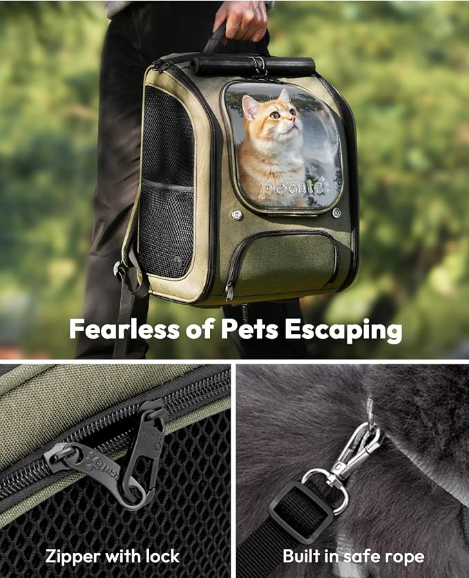 Pecute Cat Backpack Carrier,Large Space Cat Bubble Backpack,Ergonomic,Green | Sunshade Curtain,Transparent Window,Safety Rope,Sturdy,Large Mesh on Both Sides for Breathability,Suitable for Outdoor,Vet