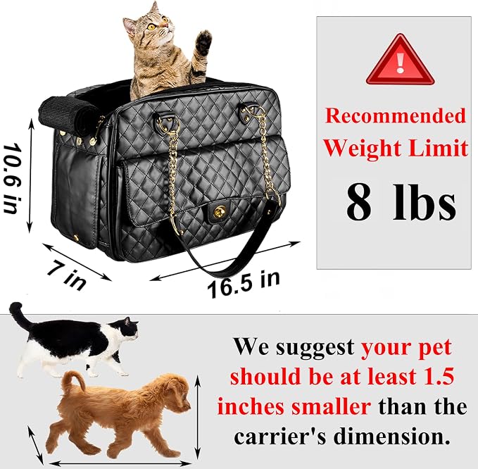 Fashion Dog Purse Carrier for Small Dogs with Large Pockets, Holds Up to 8lbs Quality PU Leather Pet Carrier, Cat Carrier, Airline Approved Puppy Purse Carrier for Travel (Black, Small Size)