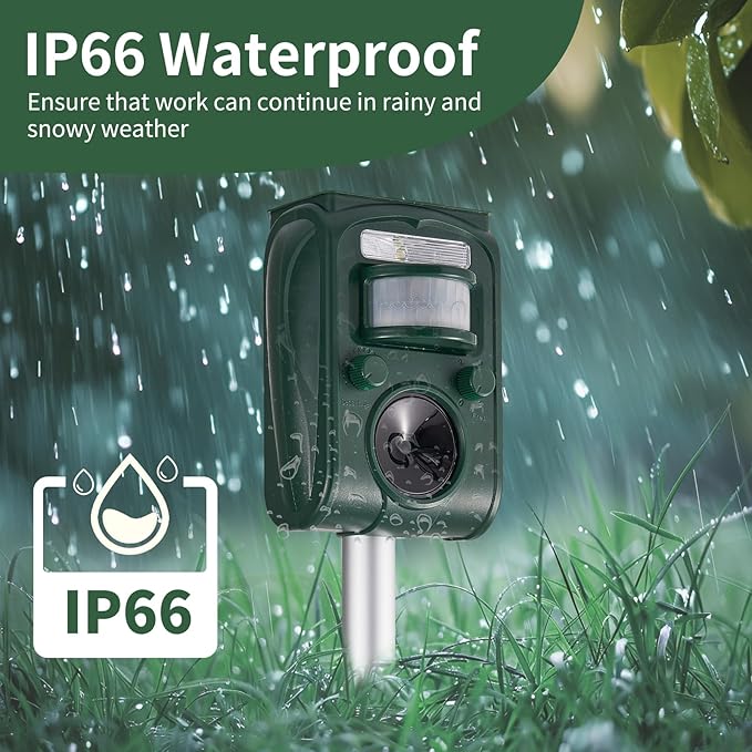 Upgraded Solar Ultrasonic Squirrel Deer Repellent Devices Motion Detection 5 Adjustable Modes, Cat Raccoon Rabbit Dog Deterrent, Animal Repellent with Waterproof for Yard, 1P Dark Green