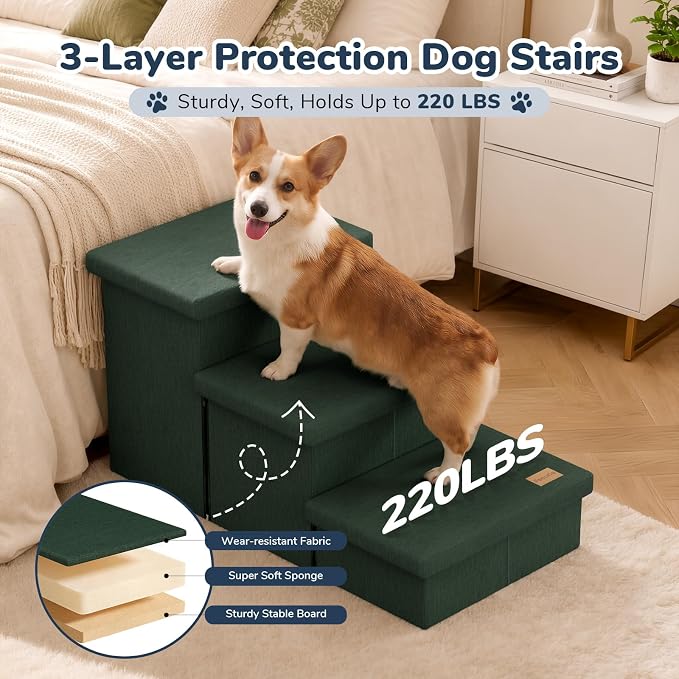 3-Step Wide Dog Stairs with Hidden Storage 18" H, Non-Slip Dog Steps for High Bed Couch Window Car, Jiont-Friendly Pet Stairs Ramp for Small/Medium/Large Old Dogs Cats Up to 200lbs, Dark Green