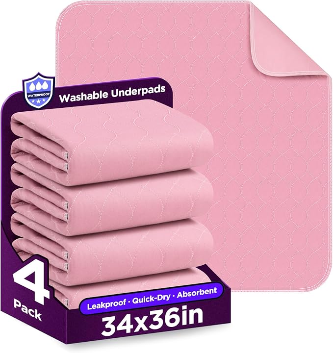 Washable Bed Pads 34" x 36" - 4 Pack, Pink, Waterproof Bed Pads for Incontinence, Bed Wetting Pads for Bed, Sofa, Floor, Resuable Underpads for Adults, Seniors, Pet