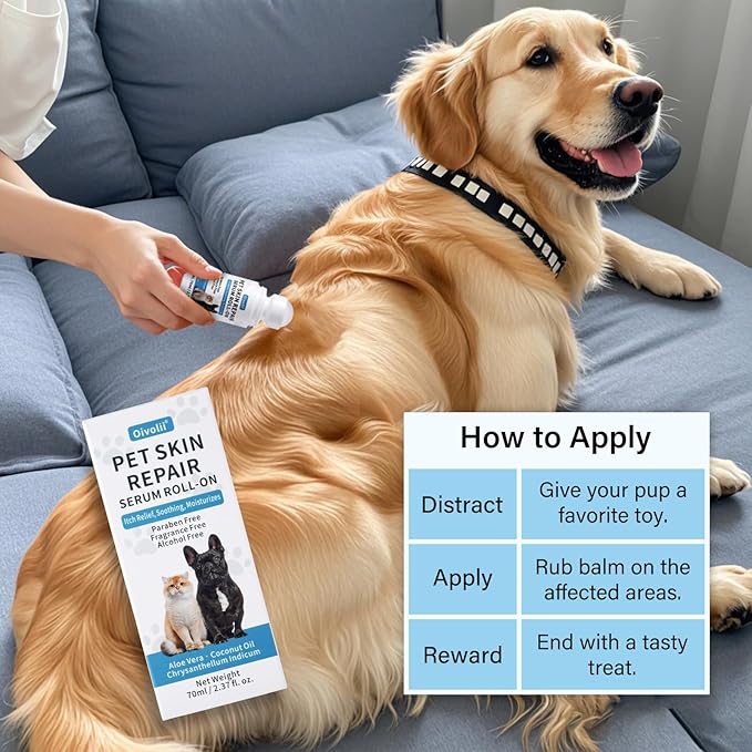 Dog Skin Repair Roll-On Serum – Natural Hot Spot & Red Spot Relief with Coconut Oil – Soothes Itchy, Dry & Irritated Skin, Supports Fur Regrowth – Lick-Safe, No-Rinse Pet Skin Care for Dogs & Cats