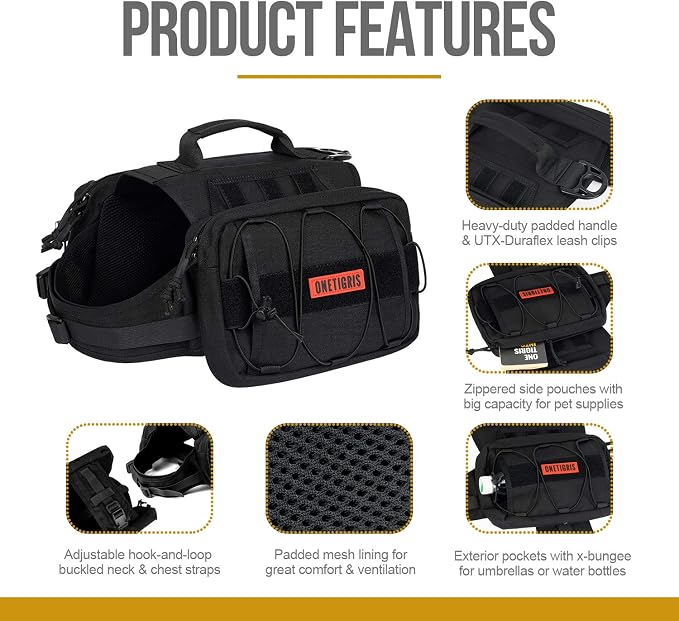 OneTigris Dog Backpack for Medium & Large Dogs, Nylon Backpack for Dogs Tactical Pet Backpack with Side Pockets for Hiking Walking Training Running (Black, Large)