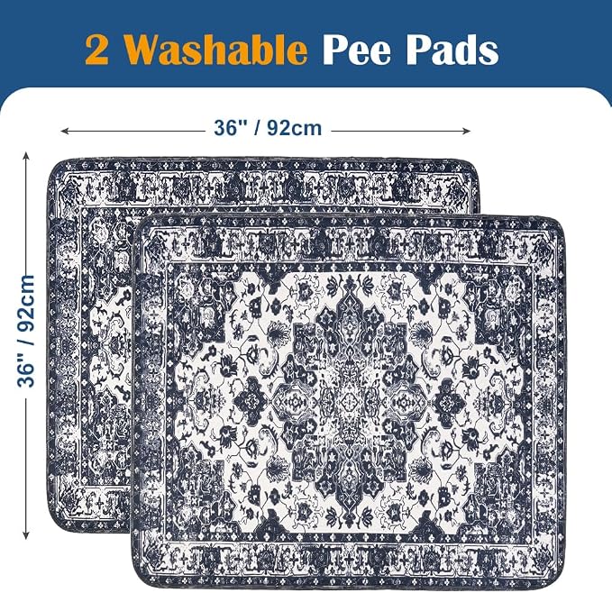 Washable Pee Pads for Dogs, 2 Pack Reusable Puppy Training Pads 36"x36" Super Absorbent Waterproof Dog Training Pads, Non-Slip Potty Pads, Whelping Pads Litter Mat Navy Blue