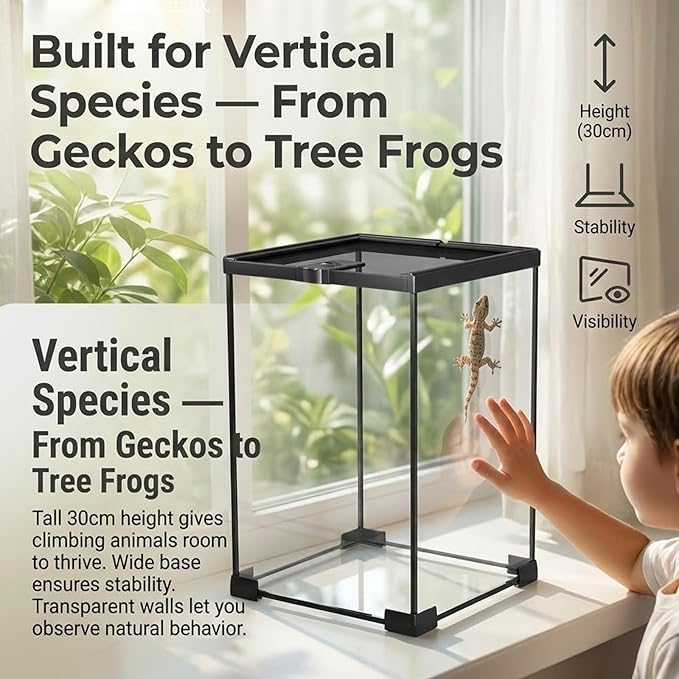 8x8x12 Terrarium Glass Tarantula Enclosure: Jumping Spider Enclosure with Lockable Sliding Screen Top for Crested Gecko Hermit Crab - Full View Stackable Vertical Tank for Arboreal Frog Habitat