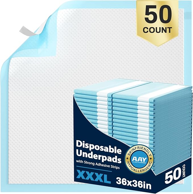 AAY Disposable Bed Pads 36" x 36" (50 Count) , Extra Large Heavy Duty Incontinence Underpads, Super Absorbent 3XL Chucks Pee Pads for Adults, Kids, Pets, Puppy Training (Adhesive Strips)