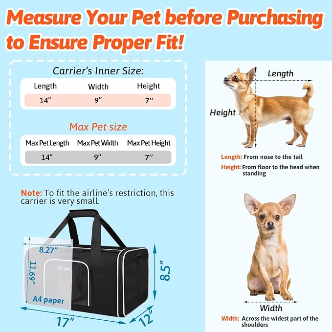 Small Pet Carrier 17"x12"x8.5" with Wheels Airline Approved, Black | for JetBlue/Frontier/Spirit Airlines, Lockable Safety Zippers and Anti-Scratch Mesh, Pets Under 8 lbs