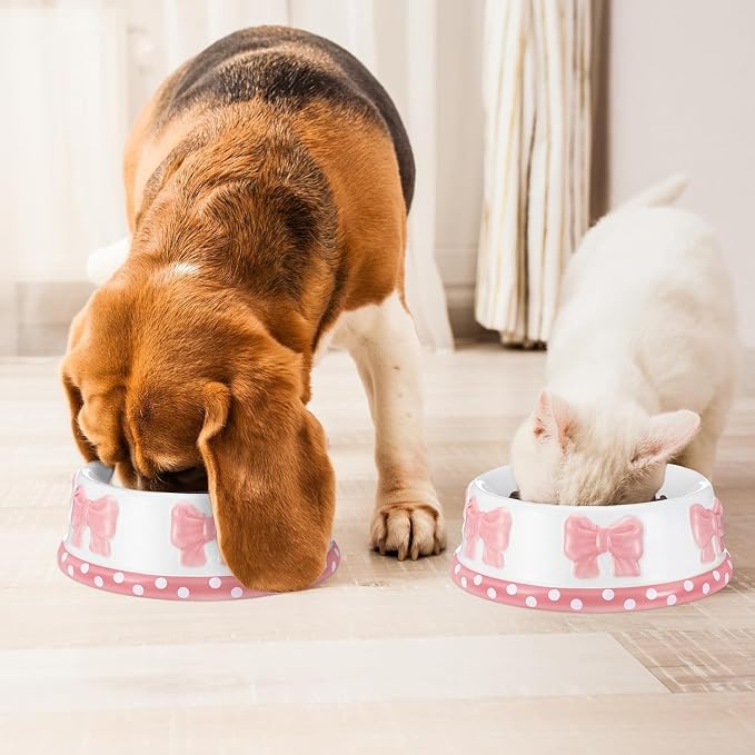 Reallnaive 2 Pcs Pink Bow Ceramic Bowl for Small Dog and Cat Cute Bowtie Pet Bowl for Food Water Macaron Pink Dish Pets Feeding Bowls Suitable Small Cat Dogs