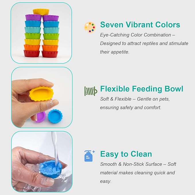 15 Pack Crested Gecko Food and Water Bowl, Eudimysx Reusable Small Reptile Feeding Dish, Gecko Tank Accessories for Hermit Crab, Tarantula, Isopods, Snails and Lizard, Silicone Easy Clean & 7 Colors