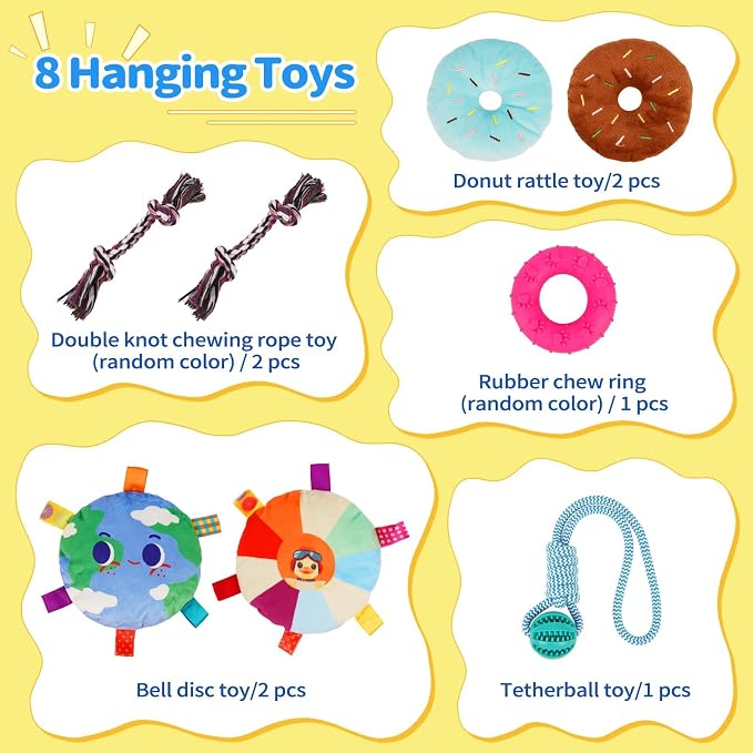 Liitrton Puppy Play Gym for Small Dogs with 8 Hanging Toys, Yellow | 19.5"x19.5"x19.5" PVC Frame, Indoor Puppy Jungle Gym with Interactive Puppies Toys