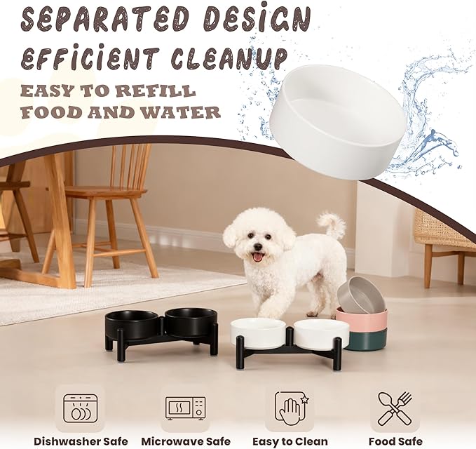 Raised Ceramic Dog Bowl Set with Stand, 1.6 Cups Elevated Dog Food Stand | 5.1'' Double Dog Food and Water Bowl Set, Non-Slip Dog Feeding Dishes for Small Breeds and Cats, 10.8 OZ, White