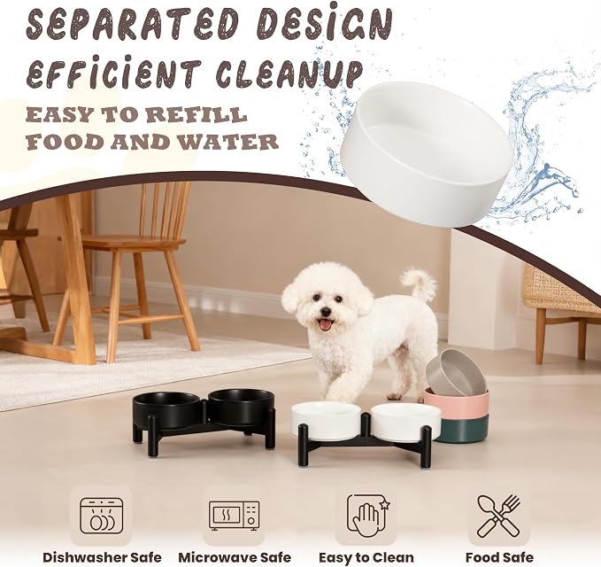Raised Ceramic Dog Bowl Set with Stand, 1.6 Cups Elevated Dog Food Stand | 5.1'' Double Dog Food and Water Bowl Set, Non-Slip Dog Feeding Dishes for Small Breeds and Cats, 10.8 OZ, Grey