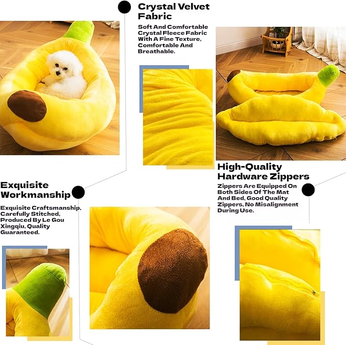 Banana Pet Bed for Small Dogs and Cats, Cozy Enclosed Calming Cave Bed with Removable Plush Cushion for Indoor Kittens Puppies Small Pets (Banana Bed + Bone Toy, Small)