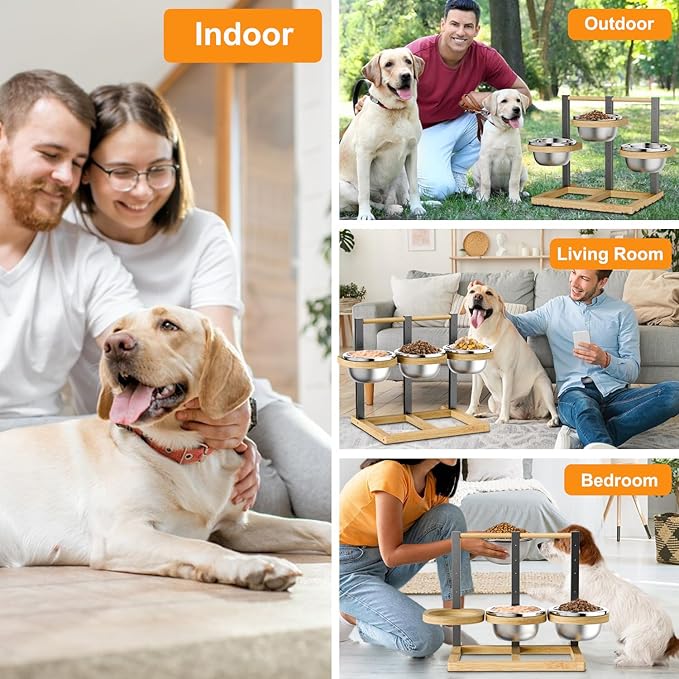 Elevated Dog Bowl,Bamboo Raised Dog Bowl,5-Height | Adjustable Dogs Food Bowls Stand,Dog Feeding Station with 3 Food and Water Bowls for Medium,Large Dogs