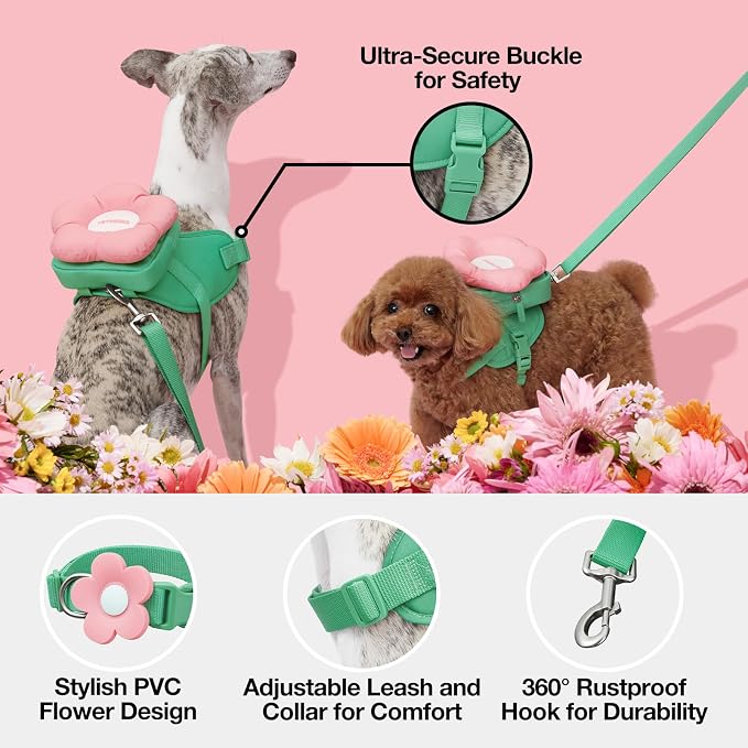 VETRESKA Flora Dog Harness, Leash and Collar Set, No Pull Vest Harness, M | for Walking and Training, Adjustable, Easy Control and Soft Padded Pet Harness and Backpack for Small Medium Large Dogs
