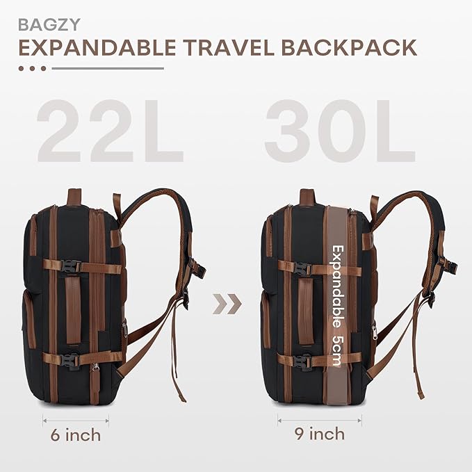 43x33x15cm Personal Item Bag Expandable 30L Travel Backpack 17x13x6 Inches Underseat Bag for Airlines Lightweight Carry on Luggage Water Resistant Flight Approved for College, Weekender Black