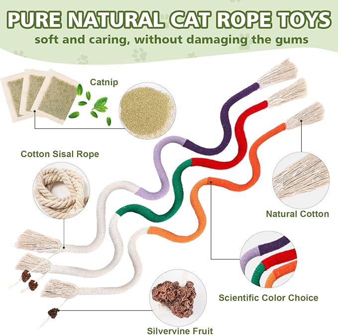 WOUSEDO 27 Pack Catnip Chew Toys for Cats,Cotton Sisal Rope Toys,Cat Natural Silvervine Sticks,for Cat Teeth Cleaning and Dental Care,Interactive Toy for Bored Indoor Cats