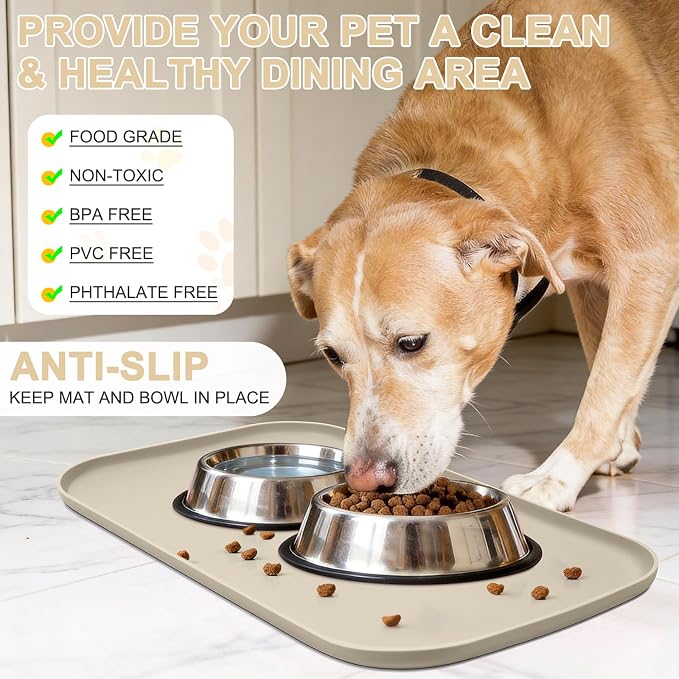 SMILOOL Waterproof Silicone Pet Food Mat with Raised Edge for Dog & Cat | 22" x 14" Non-Slip Pet Feeding Mats with Lip for Food & Water Bowl, Food Grade, Easy Cleaning, Beige