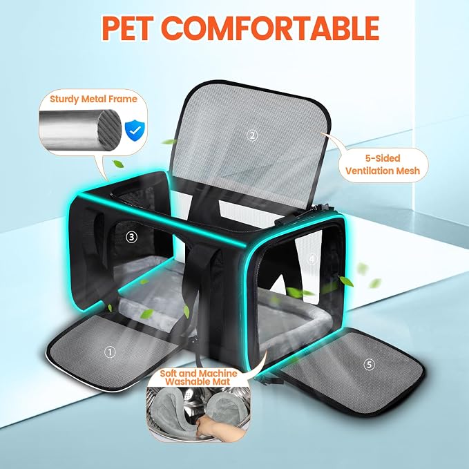 Small Pet Carrier 17"x11"x9.5" with Wheels Airline Approved, Black | for Alaska Airlines, Lockable Safety Zippers and Anti-Scratch Mesh, Pets Under 10 lbs