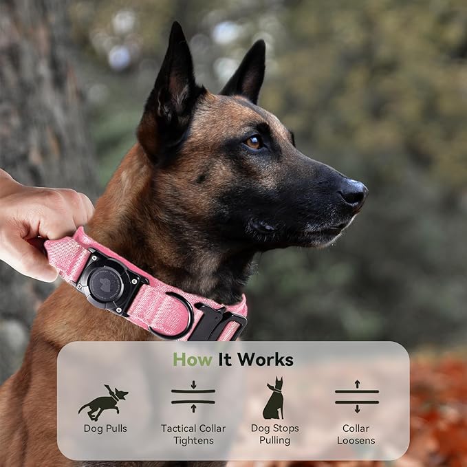 2026 Upgrade Waterproof AirTag Dog Collar, Military Tactical Dog Collar with AirTag Holder, Comfortable Control Handle and Metal Buckle, GPS Dog Collar Holder for Medium to Large Dogs (Pink, M)