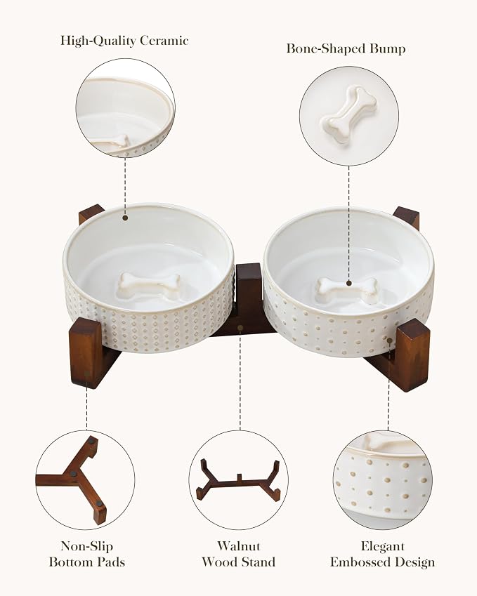 MALACASA Dog Bowl Set, Ceramic Bowls with Walnut Wood Stand, 1.5 Cups | Rhombic and Polka Dot Design, Non-Slip Base, for Cats and Dogs, About 26% Heavier than Similar Ceramic Bowls
