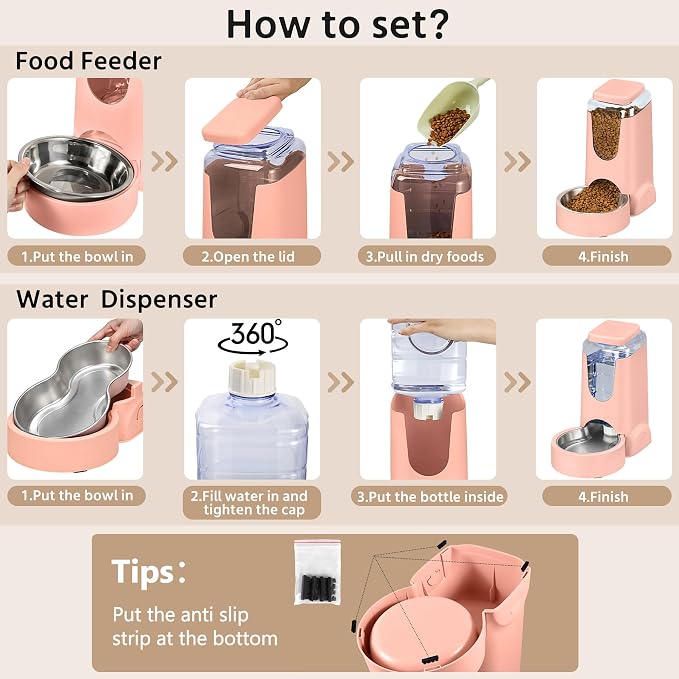 WyfKyd Auto Cat Feeder and Dog Water Dispenser with Stainless Steel Bowl | 2 Pack Auto Cat Feeder and Dog Waterer Gravity Stainless Steel Water Dispenser Set for Medium Puppy Kitten Pets 1Gal Pink