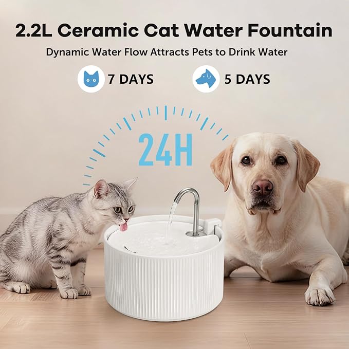 Ceramic Cat Water Fountain: 2.2L/78oz Ceramic Cat Fountain, Automatic Ceramic Water Fountain for Cats, Pet Water Fountain with Ultra-Quiet Pump and Filters & Sponges (White)