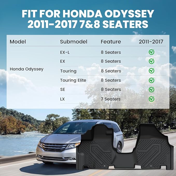 LASFIT Floor Mats & Trunk Mat for Honda Odyssey 2011-2017 (Fit 7& 8 Seaters), All Weather TPE Custom Fit Car Floor Liners, 1st & 2nd & 3rd Row & Cargo Mat, Black (EX-L/EX/Touring/Touring Elite/SE/LX)
