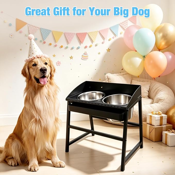 Spill Proof Tilted Elevated Dog Bowls for Large Breed, 15“ Tall Raised Dog Bowl with Stand, Stainless Steel Dog Food Bowl & Water Bowl Set for Indoor & Outdoor Use, Easy Clean Large Dog Bowl Dog Dish