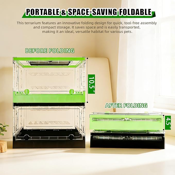Travel Foldable Reptile Terrarium with Sliding Door Portable Spider Enclosure, Lizard Cage, Plastic Habitat for Tarantula, Tree Frog, Leopard Gecko, Snake, Ventilated Terrarium Starter Kit Black