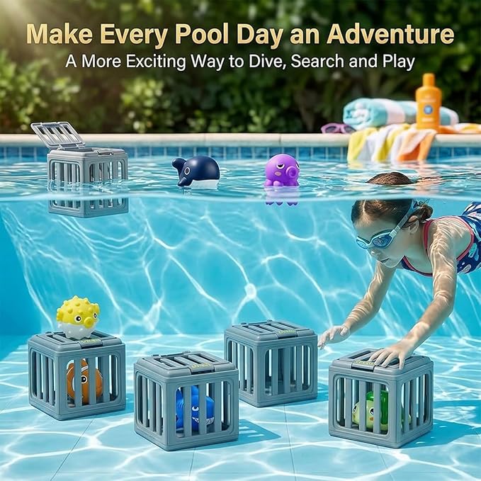 Underwater Dive Rescue Toys, 6 Pcs Kids Pool Diving Toys, Diving Cages Toy with Floating Animals, Summer Underwater Swimming Dive Pool Games Accessories for Boys Girls