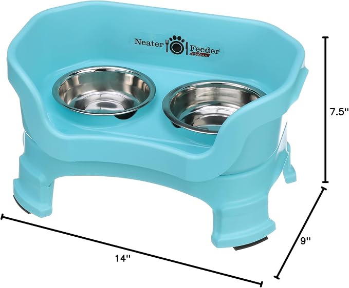 Neater Feeder Deluxe Mess-Proof Elevated Cat Bowls, 2 Height Adjustable (6” & 7.5”) No-Spill Raised Cat Bowl Stand, Whisker Friendly Stainless Steel Dishes for Indoor Cats, Made in USA, Aquamarine
