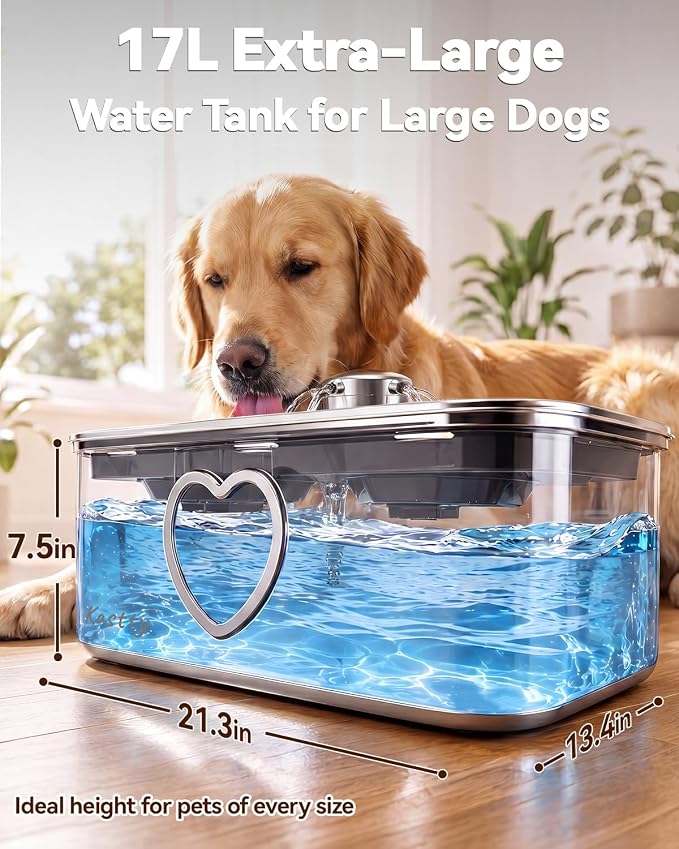 Kastty 4.5Gal/17L Stainless Steel Dog Water Fountain for Pets, Inside, FS87 | 6-Stage Filtration, Dual-Color LED, Visual Window, Large Medium & Multi-Pet