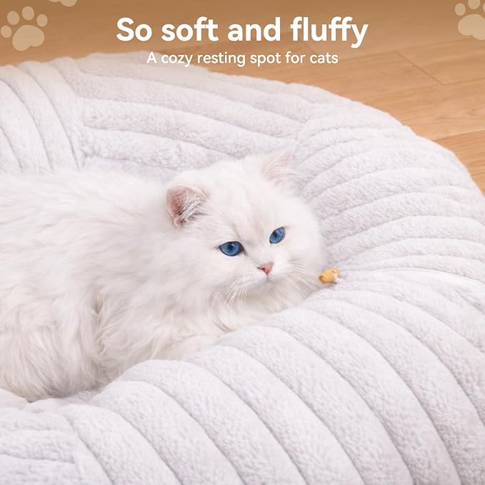 Dogpals Cat Tunnel Bed Cave 33" Lx10 Wx10 H for Indoor Cats (White) | Washable Cozy Cushion, Soft Striped Plush Fabric, Hideaway Peekaboo Cave for Kittens, Puppies, Rabbits & Small Pets