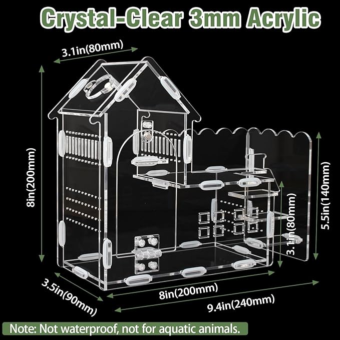 Magnetic Acrylic Terrarium for Jumping Spiders & Small Pets – Easy-Access Front Opening, Feeding Hole, Ideal for Reptiles, Tarantulas, Hermit Crabs & More