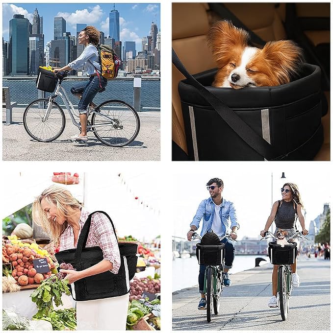 Dog Bike Basket, Folding Front Pet Carrier for Small Dogs Cats Up to 11 lbs, Quick-Release Bicycle Basket with Safety Tether, Fits Mountain City Cruiser Bikes, Detachable Handlebar Bag