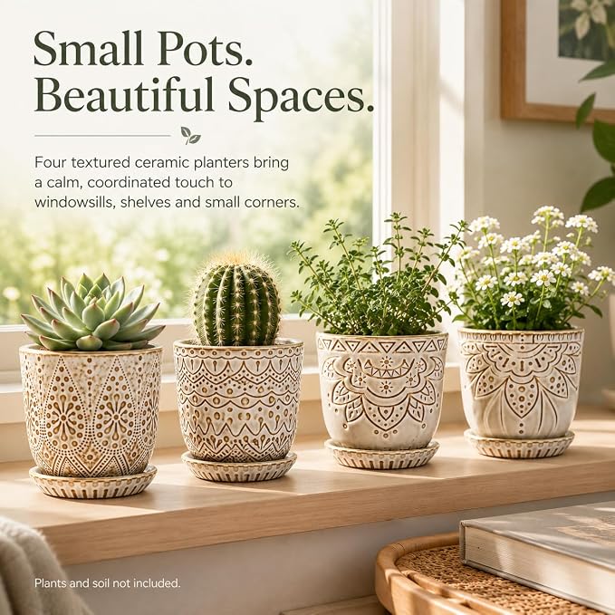 Gepege Succulent Pots, 4 Inch Small Indoor Ceramic Planter Pot with Drainage Holes and Saucers for Plants- Creamy White - Set of 4