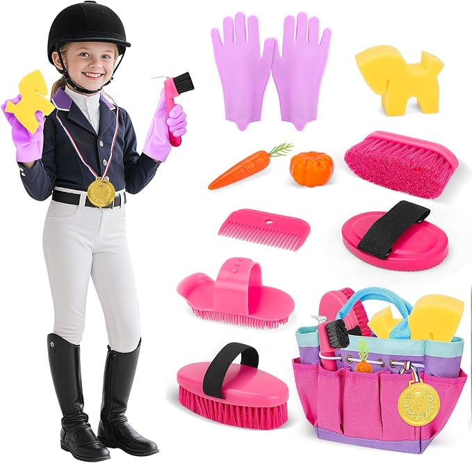 deAO Horse Grooming Brush Kit 12Pcs Horse Tack with Tote Bag,Care Tool,Pink | Realistic Horse Cleaning Playset,Includes Gloves,Tail Comb,Body Brush,Gift for Horse Riders Beginners for Boys Girls Ages3+
