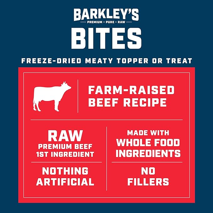 Barkley’s Bag Beef Bites, Freeze Dried Dog Treats & Food Topper, Made w/Beef, Barley, and Quinoa, Small Bite-Sized Pieces for Training Rewards, for All Dog Breeds, Ages & Sizes, 4 Oz Bag (1 Pack)