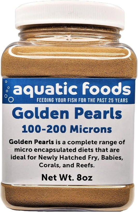 Aquatic Foods Inc. Golden Pearls 100-200 Micron Powder for Fry, Babies of Shrimp, Axolotls, Discus, Cichlids, Catfish, Tetras, Angel Fish, Guppies, Bettas, Goldfish, Corals, Reefs …8oz Small Jar
