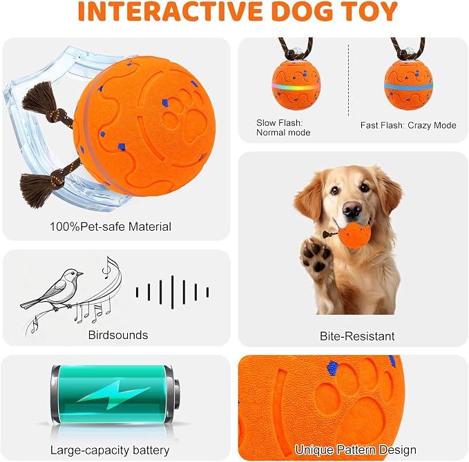 Interactive Dog Toy, Automatic Moving Dog Balls Smart Herding Ball for Dogs with Birdsong E-TPU Material, IPX7 Waterproof (Orange)