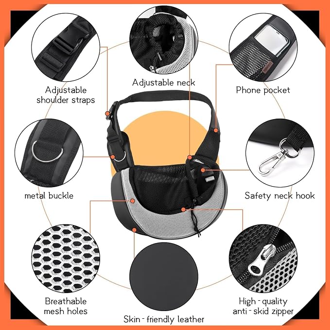 YUDODO Pet Sling Carrier for 2-5 lbs Small Dogs Cat Puppy Crossbody Carrier | Bottom support, Safety Hook, Large Zipper Pocket, Soft Breathable Mesh, Adjustable Strap, Reflective Strip, Gray, S