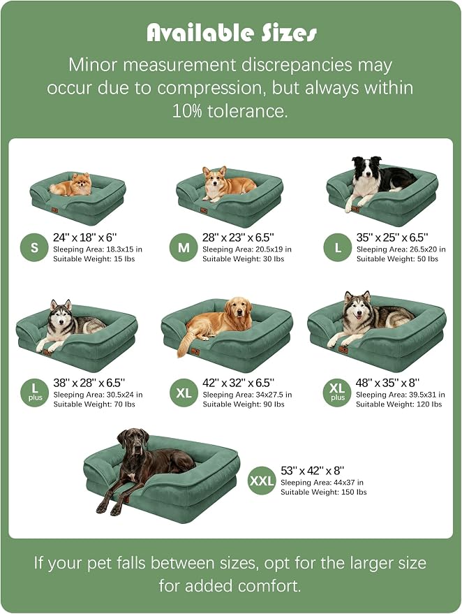 Spotted Play Orthopedic Dog Bed with Sides - Sofa Beds for Extra Large Dogs, Supportive Foam Pet Couch Bed with Washable Removable Cover, Waterproof Lining and Non-Slip Bottom, Green - XL