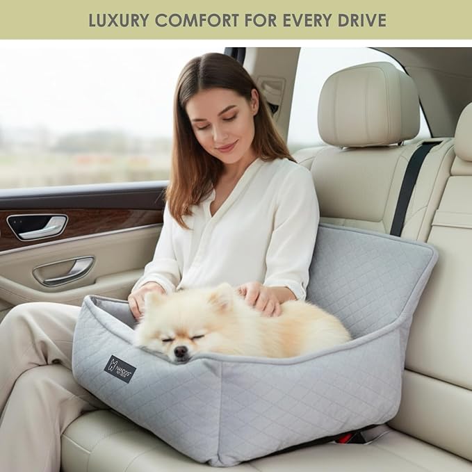 NANDOG Luxury Dog Car Seat Bed for Small Dogs, Soft Micro Plush Pet Seat with Removable & Washable Cushion Insert, Thick Safety Seatbelt Straps, Secure Travel Carrier, Light Grey, 20" L x 16" W