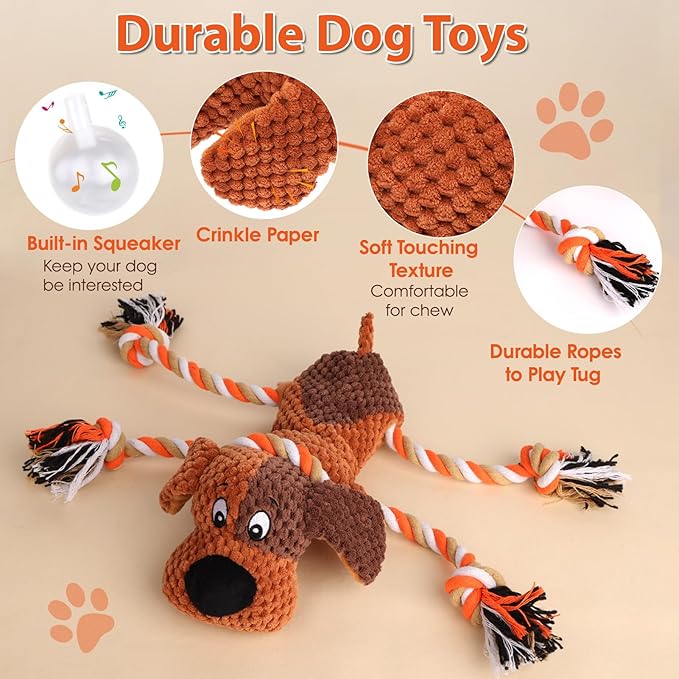 Drmstow Plush Dog Toys with Rope, Squeaker & Crinkle Paper – Interactive Squeaky Chew Toy for Large Dogs & Puppies – Tough Pet Toy for Tug of War, Fetch & Dental Exercise