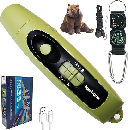 Rechargeable Bear Horn to Scare Bears, 125dB Electronic Air Horn with LED Flashlight & Compass & Thermometer, Electronic Whistle Bear Bells for Safety Hiking Camping Emergency Self Defense