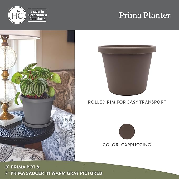 The HC Companies 14 Inch Prima Round Planter Pots with Drainage Holes and Rolled Rim, Lightweight UV-Resistant Plastic Indoor & Outdoor Planters, 2-Pack Flower Pots for Garden & Home Decor, Cappuccino