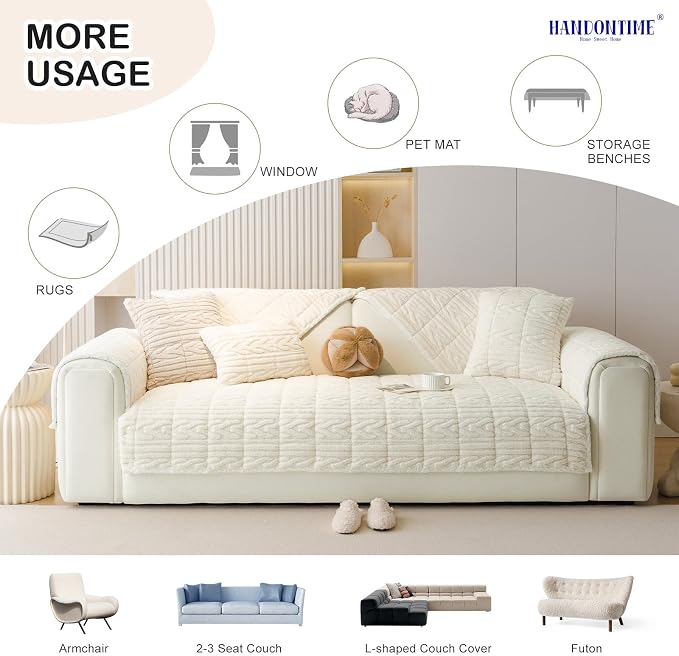 HANDONTIME Couch Cover for Dogs Washable, Fuzzy Sofa Cover for Pets Geometric Jacquard Non-Slip Couch Protector for Dogs Pet-Friendly Sectional Cushion Covers Pet Furniture Cover (Beige,35.4" x 94.5")